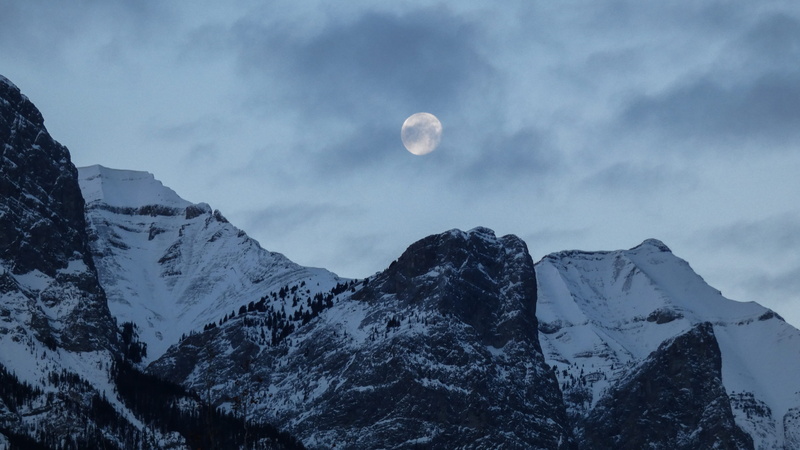 canada, cold temperature, full moon, canmore, universe, night, sky, mountain peak, nature, mountain, winter, planetary moon, 4K, moon, scenics - nature