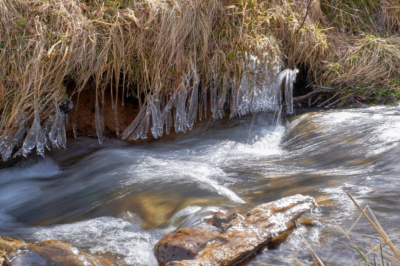 nature, winter, beauty in nature, long exposure, brook, day, rock - object, herb, stream, flowing, creek, 5K, water, flowing water, icicle, vegetation