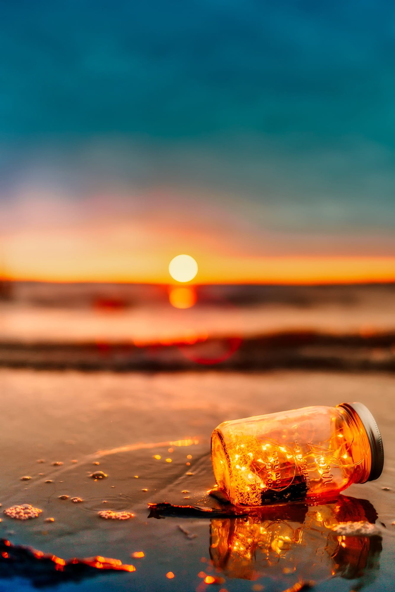 sand, coastline, clouds, hdr, bottle, nature, 1080P, beach, summer, no People, reflection, sunlight, scenics - nature, focus on foreground, hour, jar