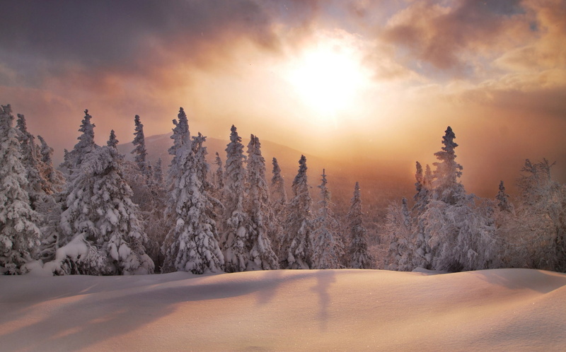 ate, South Ural, winter, The Ridge Urenga, sunset, the snow, snow, Russia, 1080P, forest