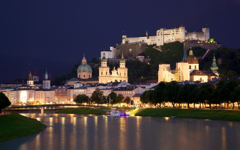 chapels, castle, salzburg, austria, Salzach, landscape, birdge, cathedral, 2K
