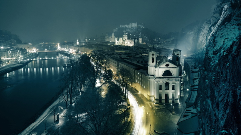 high angle view, 1080P, architecture, long exposure, building exterior, cold temperature, nature, illuminated, outdoors, bridge, Salzburg, building, water