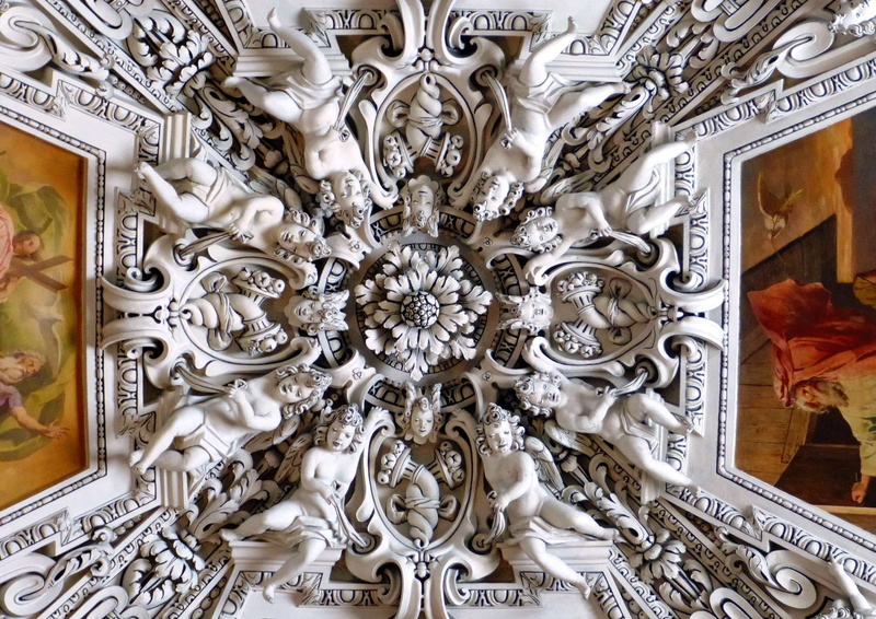 place of worship, human representation, design, building, ceiling, floral pattern, salzburg, pattern, low angle view, indoors, art and craft, ornate, representation