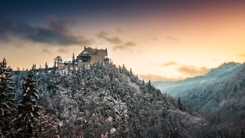Salzburg, forest, 1080P, nature, winter, landscape, building, snow, mountains, castle