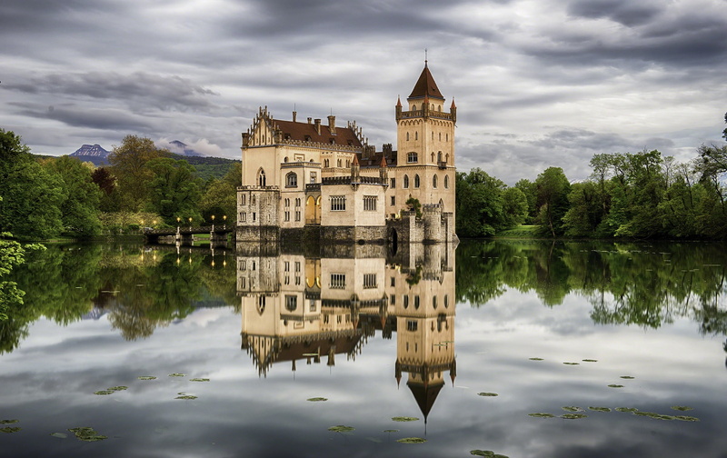 Castle Anif, lake, trees, 1080P, Austria, castle, Salzburg