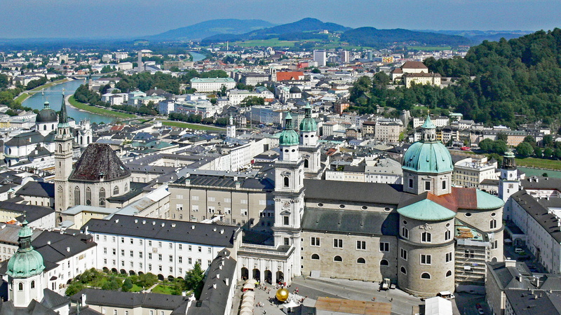 rhaeto romanic, salzburg cathedral, salzburg from the castle hill, city, cityscape, high angle view, 2K, architecture, built structure, building, crowded