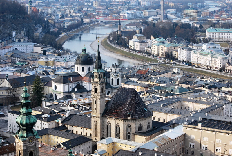 day, church, Salzburg, place of worship, Austria, building Exterior, high angle view, connection, chapel, travel destinations, outdoors, river, roof, 4K