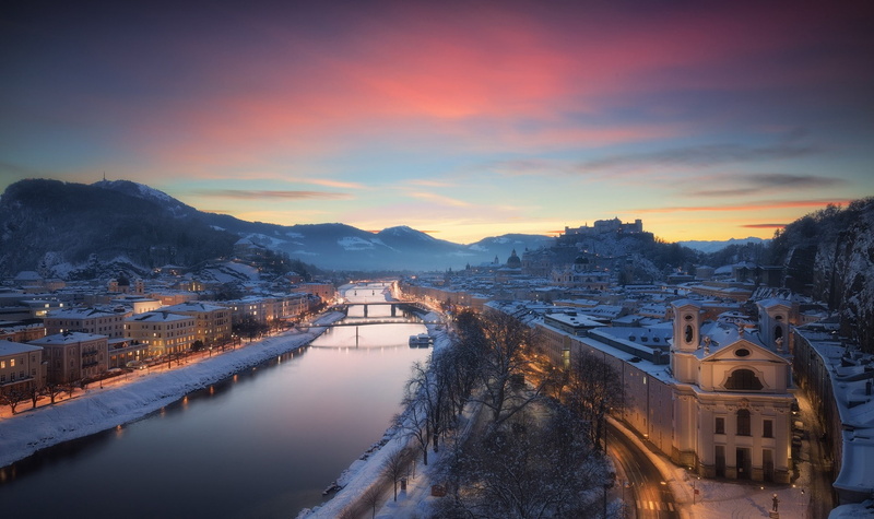 Austria, cityscape, 1080P, Salzburg, mountains, city, river, sky, snow, winter