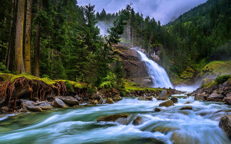 park, waterfalls, mountain, hd, hohe, roots, pine, salzburg, beautiful, national, austria, trees, river, 2K, rock, krimml, tauern