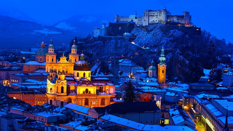 1080P, snow, church, evening, Austria, Salzburg, old building, mountains, trees, cathedral, town, lights, forest, hills, ancient, house, winter, castle