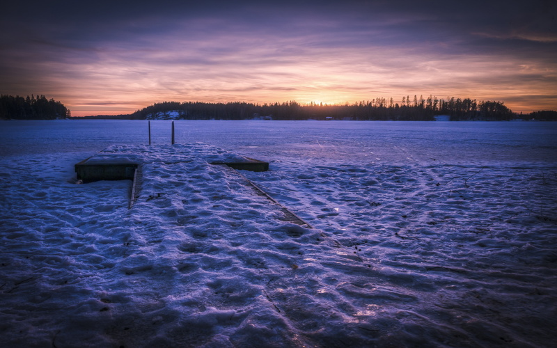 tranquil scene, sunset, winter, land, purple, water, no people, idyllic, tranquility, cloud - sky, 4K, tree, non-urban scene, orange color, cold temperature