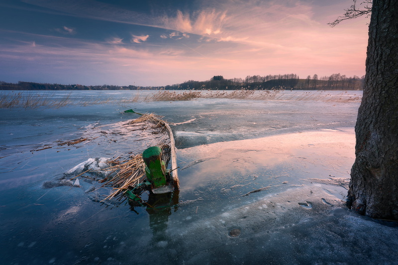 winter, ice, beach, water, mode of transportation, tree, frozen lake, cold temperature, cloud - sky, nature, tranquil scene, tranquility, land, men, sunset