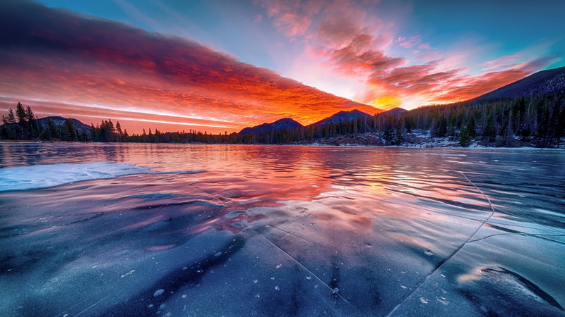 nature, evening, winter, ice, loch, sunset, lake, sky, frozen, reflection, sundown, 1080P, frost, frozen lake, dusk