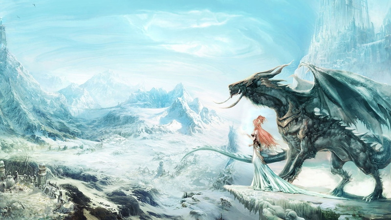 environment, dragon, beauty, village, mountain, one person, scenics - nature, adult, tranquility, winter, sea, nature, digital art, 1080P, snow, flowing