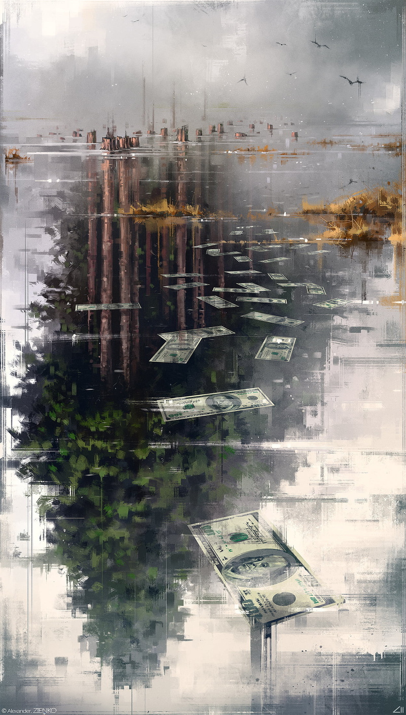 skyscraper, digital composite, paper, city, sky, dollar, rain, architecture, transportation, building exterior, mirror, trees, outdoors, no people, wet