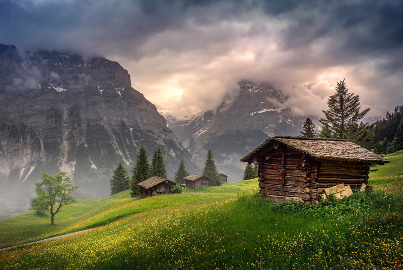 4K, tops, haze, spring, Switzerland, houses, the barn, house, wooden, fog, Alpine village, tree, clouds, beauty, summer, the sky, field, sheds, light