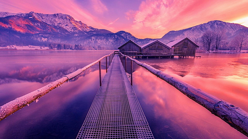 lake, ice, house, 1080P, cold, landscape, mountains, winter, pier, frozen