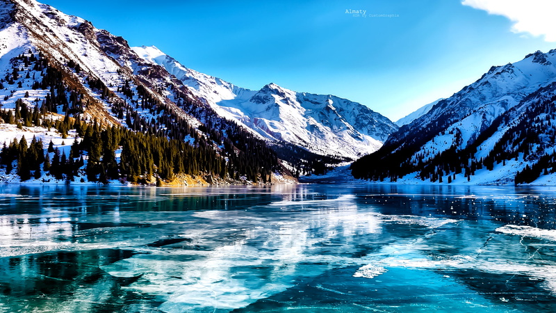 lake, snowy peak, trees, nature, valley, 1080P, Kazakhstan, mountains, ice, frozen lake, landscape, reflection, snow, Big Almaty Lake