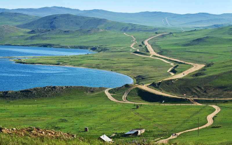Baikal, grass, field, Meadows, near, Fields, body, Russia, Roads, green, water, Lake, 2K