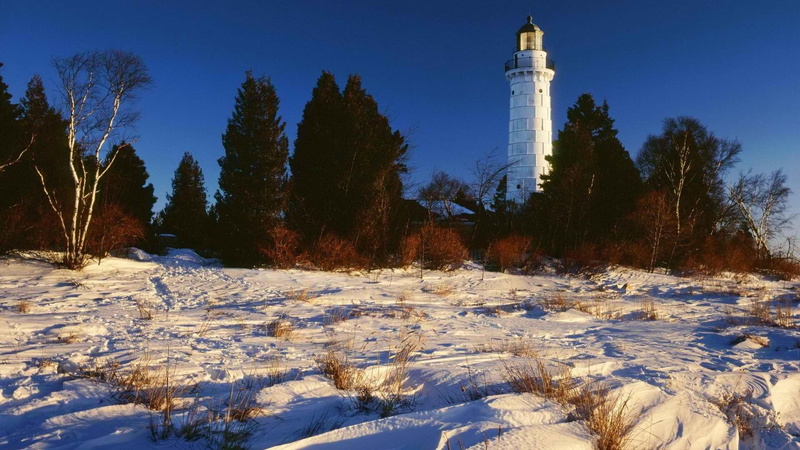 nature and landscapes, lake, lighthouse, michigan, trees, snow, winter, 1080P