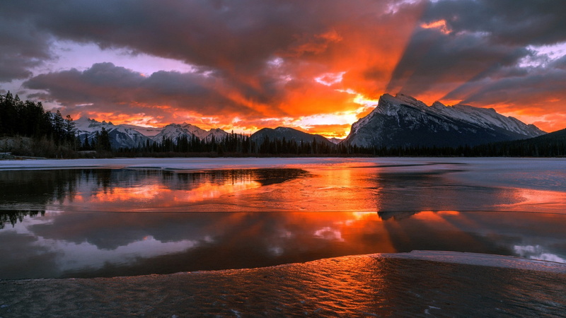 water, clouds, sunset, mountains, frozen lake, winter, reflection, snowy peak, Canada, nature, lake, ice, snow, 1080P, landscape, Alberta, forest, trees