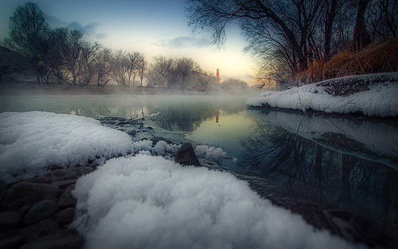 non-urban scene, plant, sky, filled, frozen, tranquility, river, beauty in nature, Mongolia, no people, body, lake, winter, mist, frost, cloud - sky, tree