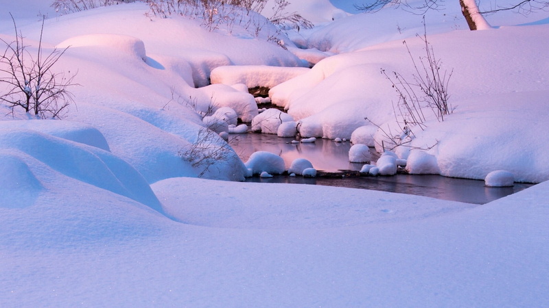tranquil scene, no people, cold temperature, beauty in nature, landscape, tree, snow, stream, 1080P, non-urban scene, pink, river, winter, ice, white color