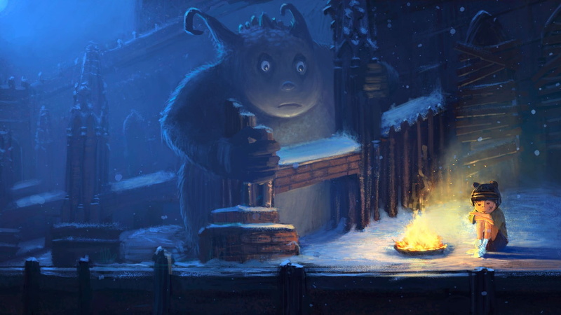 fantasy art, night, winter, building exterior, clothing, adult, kid, hat, lighting equipment, illuminated, children, one person, built structure, cold temperature
