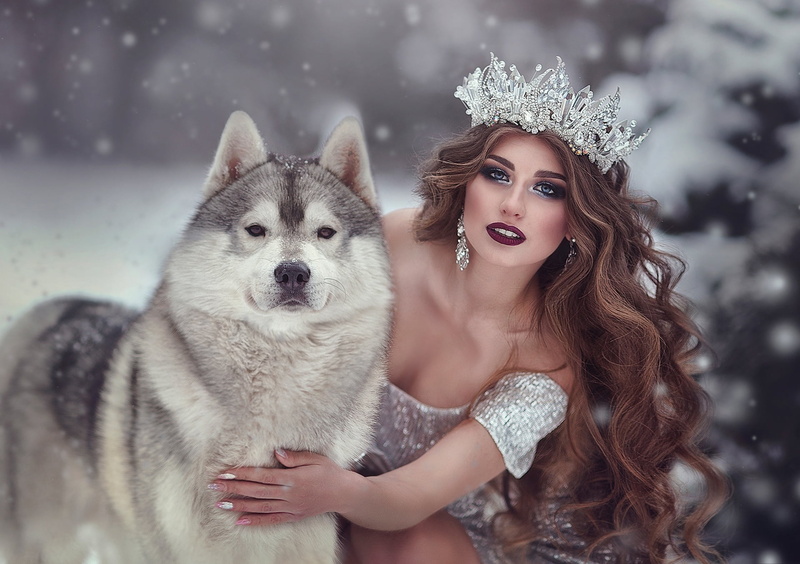 curls, snow, long hair, Marina Zharinova, neckline, makeup, girl, dog, crown, look, Malamute, hand, pose, 1080P, dress