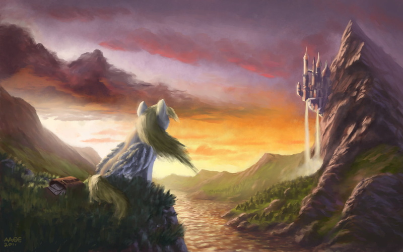 rock, sunset, tranquility, sky, mountain range, Derpy Hooves, 720P, TV Show, tranquil scene, My Little Pony, cloud - sky, Canterlot, environment, panoramic