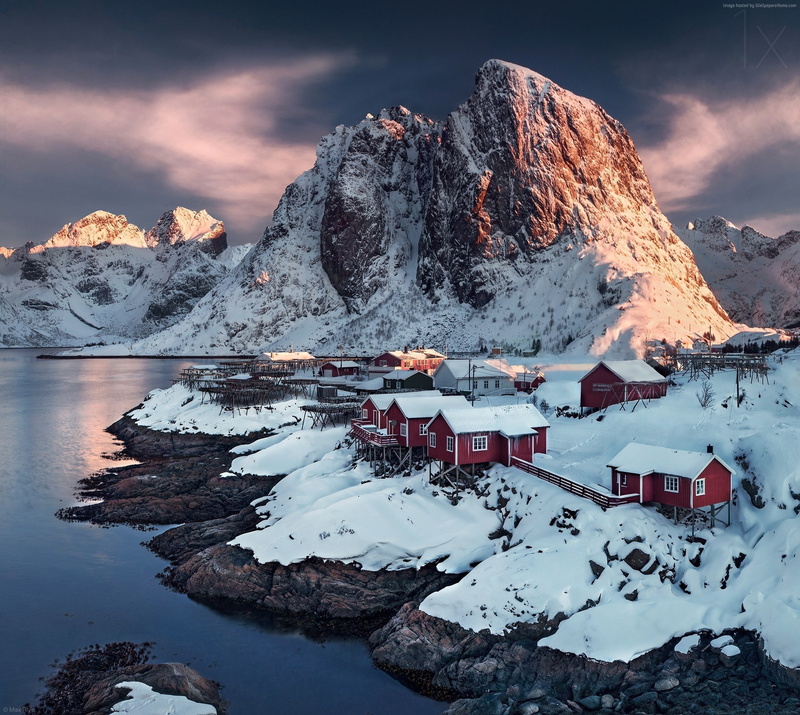 1080P, sunset, 4k, Hamnoy, water, Norway, village