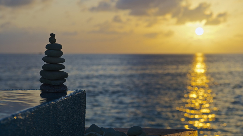 sea, black, horizon, tranquil scene, water, sunset, horizon over water, sunlight, beauty in nature, zen-like, brown, wooden, stones, 720P, nature, tranquility
