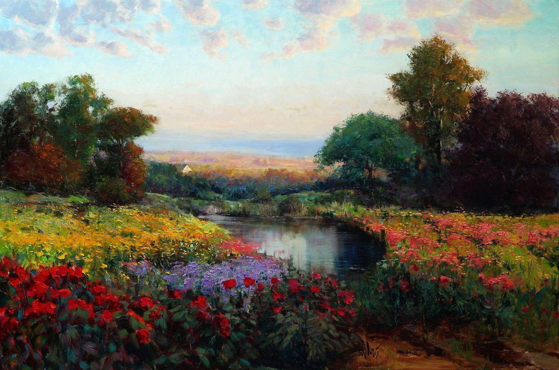 meadow, flowers, p, landscape, wallis, landscapes, art, 1080P, trees, 1080p, sky, eric, picture, lake, oil