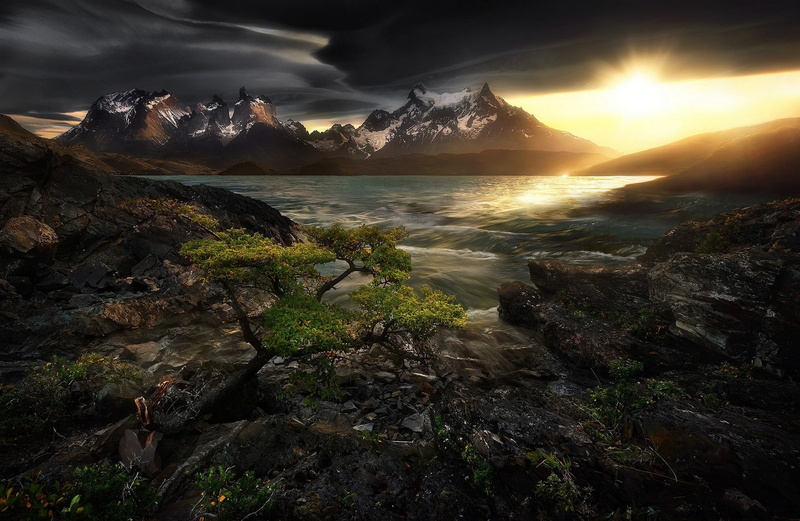 sky, scenics - nature, landscape, solid, Patagonia, environment, lake, mountain, Chile, Trees, water, no people, Snowy Peak, non-urban scene, tranquil scene