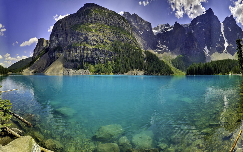 lake, panorama, 3d and abstract, blue, moraine, clear, mountains, water, forest, 2K, nature