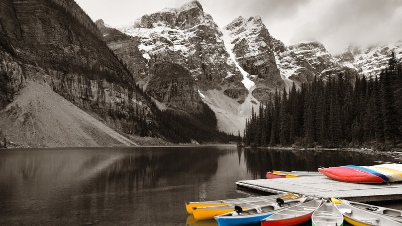 snowy mountain, trees, Moraine Lake, boat, Canada, pier, river, selective coloring, forest, Banff National Park, nature, landscape, mountains, Alberta