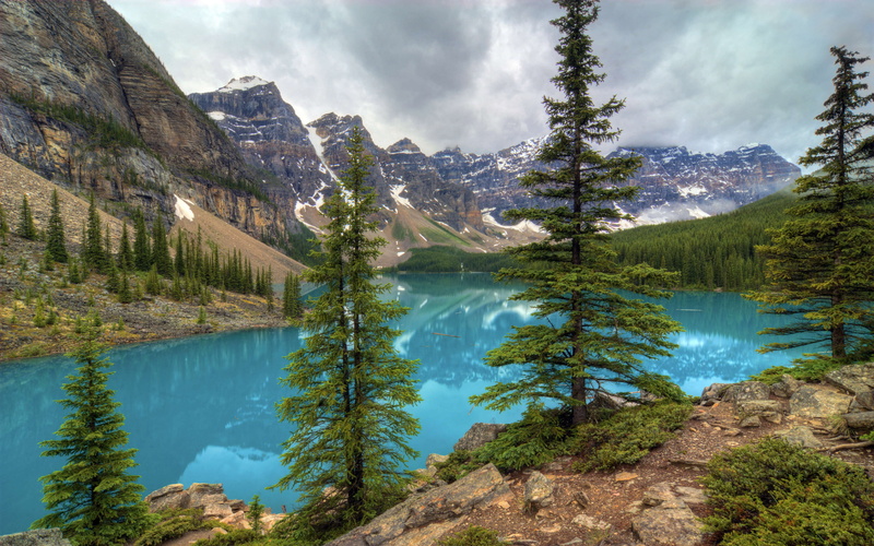 4K, outdoors, tranquility, cloud - sky, turquoise colored, non-urban scene, mountain range, tranquil scene, pine tree, water, alberta, desktop,