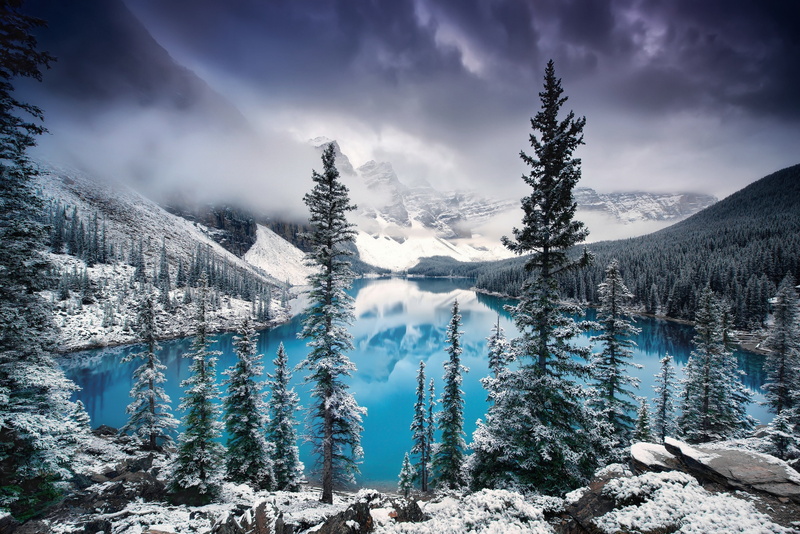Canada, Banff national Park, winter, pine, green, Nature, snow, 2K, Albert, lake, trees, mountains, clouds, fog, moraine lake