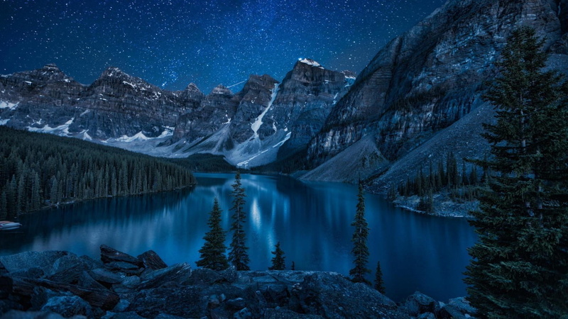valley, tranquil scene, moraine lake, mountain range, lake, no people, stars, banff national park, coniferous tree, pine woodland, night, tree, starry night