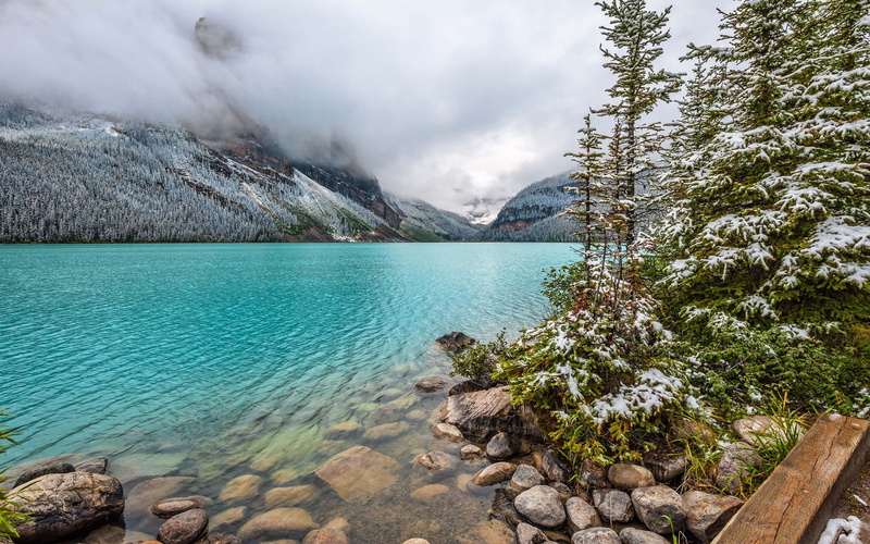 cloud - sky, water, turquoise colored, canada, plant, coniferous tree, outdoors, land, fog, solid, lake, snow, rock, mountain, hd, tranquil scene, tranquility
