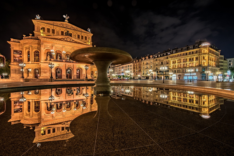 Alte Oper, Old Opera, night city, Frankfurt am Main, fountain, 1080P, Germany, building, reflection