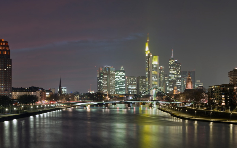 720P, hessen, bridge, building, frankfurt am main, germany, evening