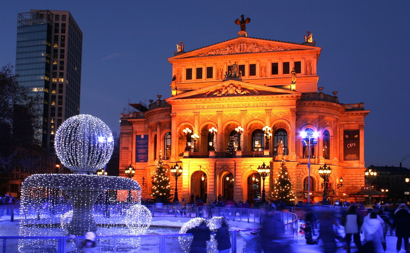 incidental people, travel, Europe, old, blue, frankfurt am main, building exterior, illuminated, building, Germany, architecture, Opera, travel destinations