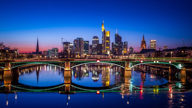 office building exterior, building, dusk, financial district, architecture, spire, skyscraper, illuminated, cityscape, bridge, no people, frankfurt, city lights