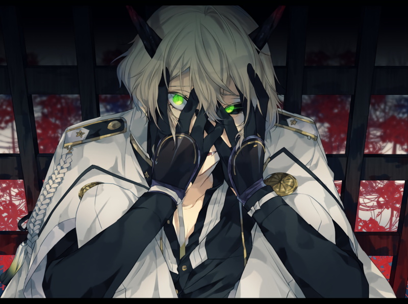 hand on face, green eyes, Male, Touken Ranbu, Smile, cages, gloves, fangs, Crazy Face, smiling, anime, red flowers, glowing eyes, horns, short hair, spider lilies
