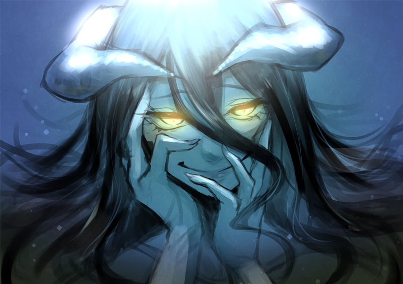 demon horns, yandere, fan art, Albedo (OverLord), yellow eyes, smiling, hair in face, looking at viewer, succubus, anime girls, Overlord (anime), hair blowing in the wind