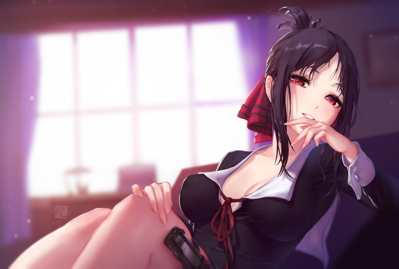 illustration, smug face, school uniform, looking at viewer, artwork, red eyes, 4K, anime, anime girls, drawing, weapon, dress, cleavage, black hair, Kaguya Shinomiya