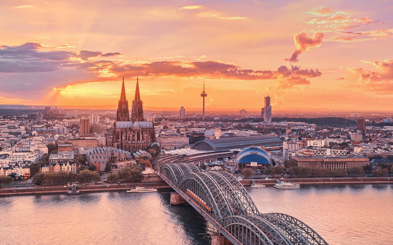 Bridge, Sunset, 1080P, Buildings, Rhine, Germany, Cologne, Landscape, Urban, Sky