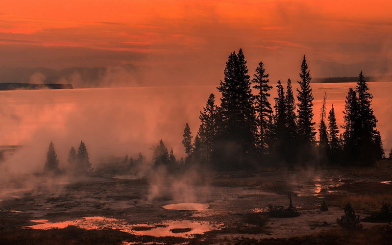 720P, trees, sunrise, yellowstone national park, nature, lake, national, mist, 1500x938, yellowstone, puddles, landscape, park