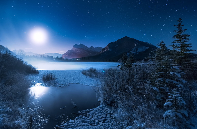 Lake Vermilion, the moon, Albert, winter, lake, Alberta, Vermilion Lakes, night, the bushes, mountains, frost, Canada, Banff National Park, Canadian Rockies